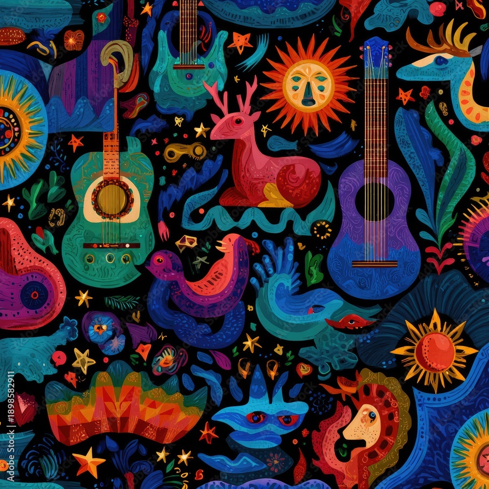 Obraz premium Colorful digital illustration featuring guitars, animals, suns, and nature against a dark background