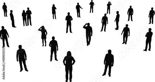 People silhouette collection showing men and women standing, walking and gesturing, crowd human figures vector set for social, business and urban concept isolated on white background