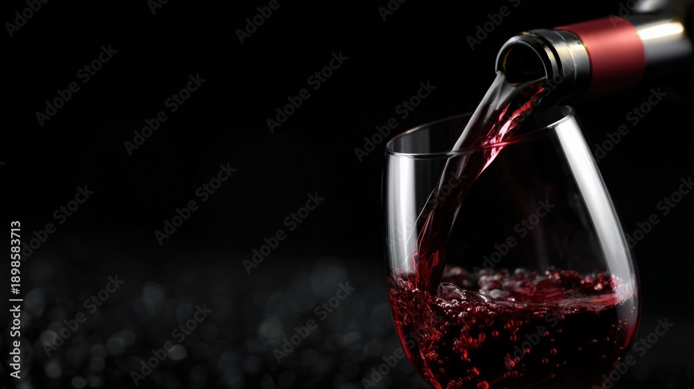Obraz premium Pouring Red Wine: A Stream of Rich Color Fills a Glass Against Black Backdrop