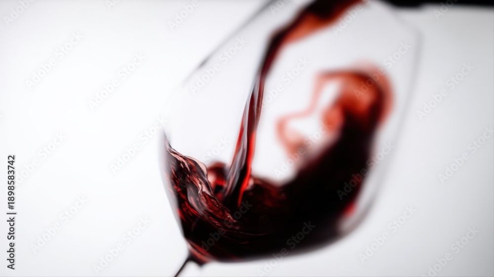 Fototapeta premium Red Wine Pouring in a Glass: Close-Up of Swirling Liquid on a White Background