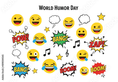 World Humor Day Celebration with Expressive Emoticons and Comic Book Sound Effects.