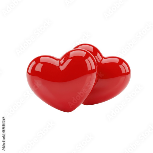A pair of shiny red heart-shaped candies on a white background