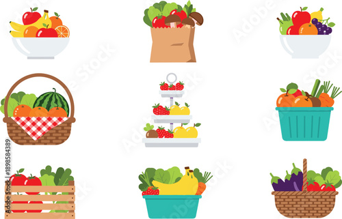 Fresh fruit and vegetable basket collection illustration set with organic produce, grocery containers and healthy food elements