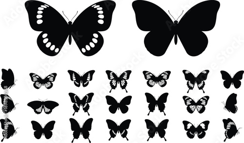 Butterfly silhouettes collection, flying insect wing shapes and patterns, black vector illustration set for nature design, decoration, logo and tattoo artwork isolated on white background