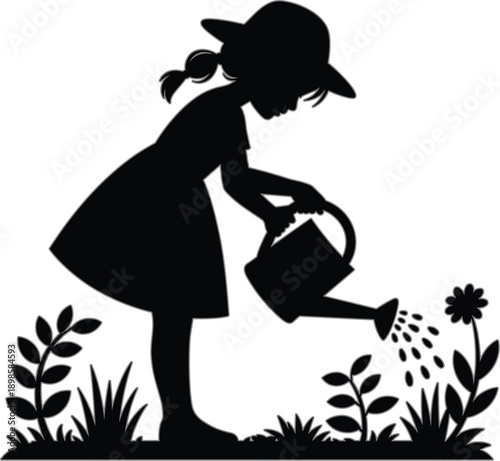 Little Girl Watering Plants Silhouette Vector Illustration Showing Gardening Activity Nature Care and Outdoor Childhood Scene in Black for Eco Lifestyle Design