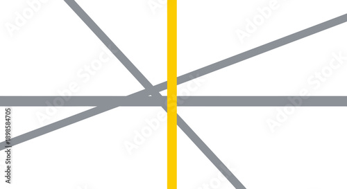 Abstract Geometric Minimalist Background. Vertical Yellow Line Intersecting Complex Gray Structure. Contrast, Focus, and Direction Concept.