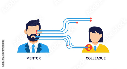 Corporate Mentorship Concept: Senior Mentor transferring knowledge and expertise to a junior colleague. Professional development, coaching, and guidance illustration.