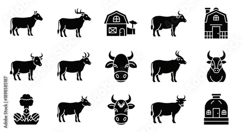 Collection of Black Silhouette Farm Animals and Buildings.