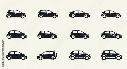 Collection of Black Silhouette Hatchback Cars on a Light Background.
