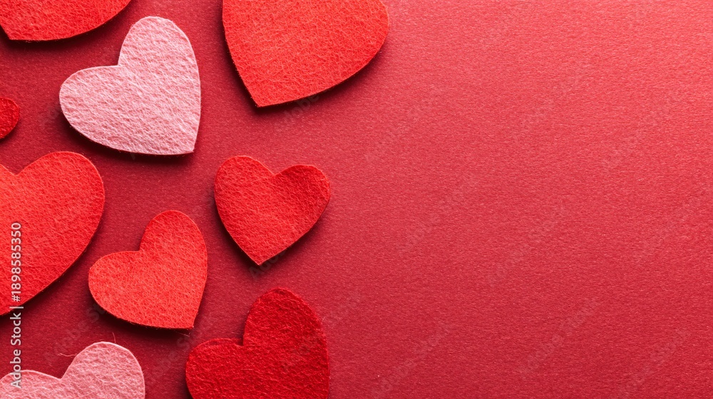 Fototapeta premium Red and Pink Felt Hearts on Red Background for Romantic Valentines Theme