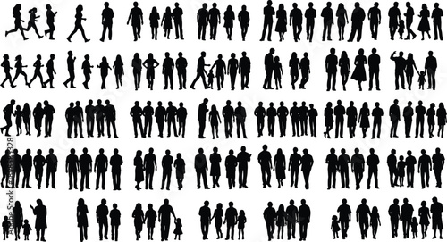 Large people silhouettes collection, walking standing crowd figures, men women children family poses, black vector illustration set isolated on white background
