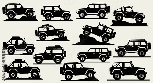 Collection of black silhouette off road vehicles and SUVs.