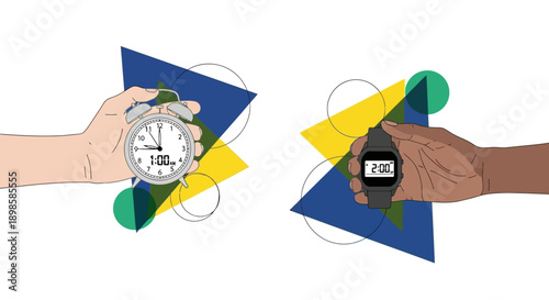 Analog Clock vs. Digital Watch: Diverse Hands Holding Time Devices. Time Management, Scheduling, and Technology Comparison Vector Illustration.