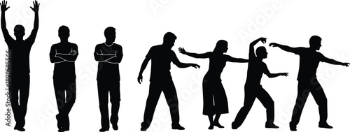 Set of human silhouettes in different standing and dancing poses, male and female people body language collection, black vector illustration isolated on white background
