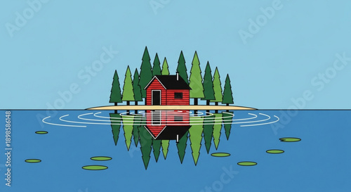 Serene lake house on a small island with trees and lily pads