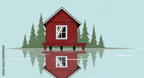 Flooding illustrated concept with red house on water near pine trees