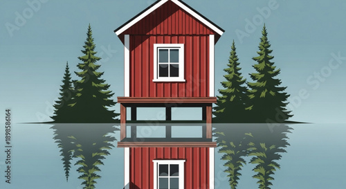 Charming red house on serene lake with pine trees