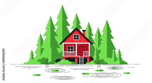 Cozy red cabin nestled among tall green trees by serene lake