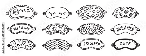 cute sleeping mask doodle hand drawn icon set. Outline drawing line clipart symbol collection
