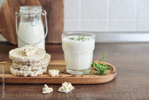 Homemade natural kefir or ayran with rice cakes