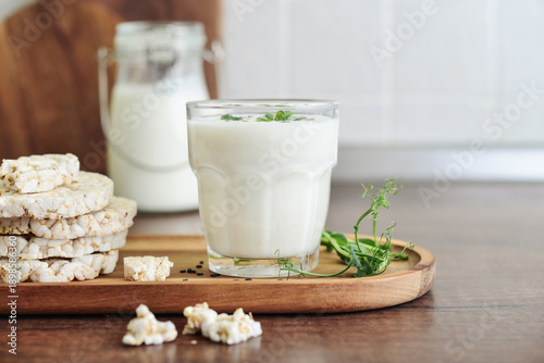 Homemade natural kefir or ayran with rice cakes