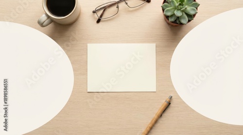 Flat lay desk with coffee paper glasses plant and pen