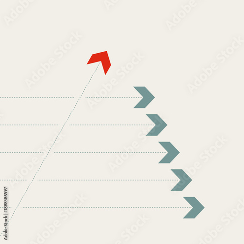 A red arrow breaks away from the blue group in this minimal illustration. It is a vector concept and symbol for a business leader choosing a unique path through creative leadership.