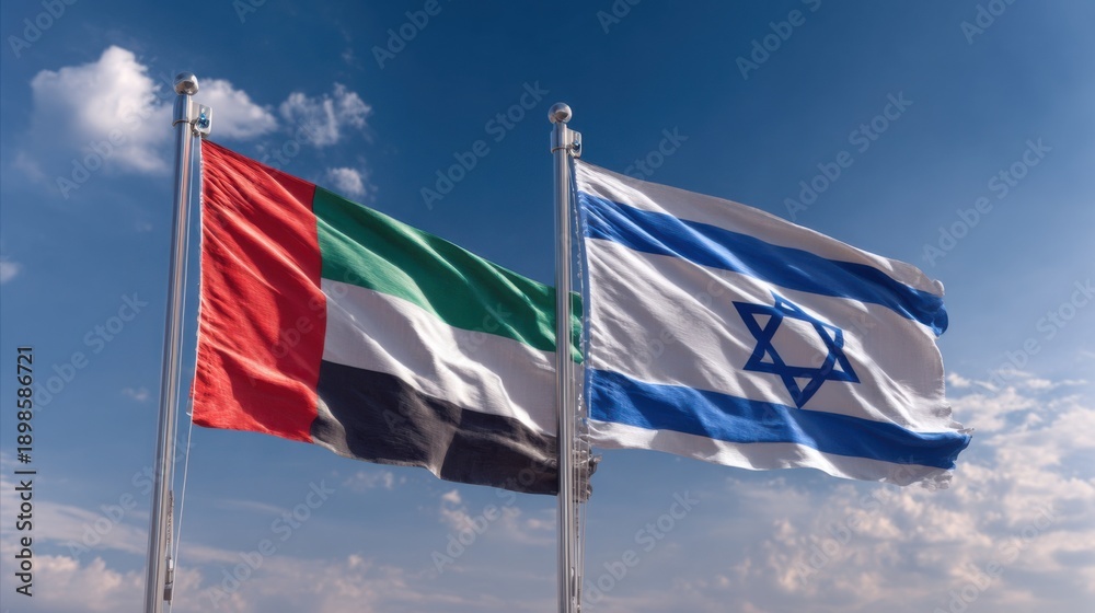 Fototapeta premium Flags of United Arab Emirates and Israel flying together in the sky