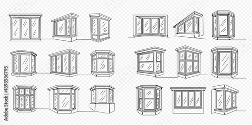Set of various bay and bow windows in sketch style, architectural elements for building design, isolated on transparent background.