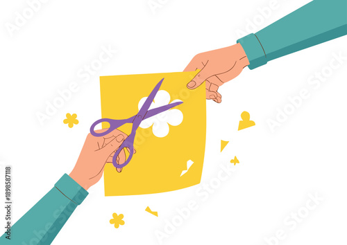Hands cutting paper with scissors craft activity illustration showing creative handmade art and DIY decoration process