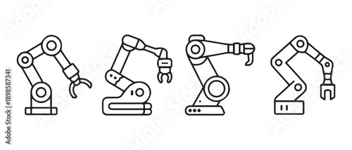 Industrial Robotic Arms Icons Set. Vector Icons for Manufacturing, Automation, and Modern Technology.