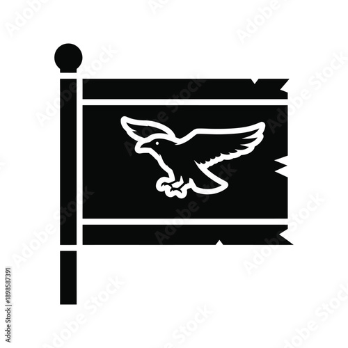 Monochrome Icon of Tattered Flag with Bird Silhouette on Pole