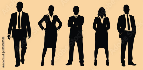 Diverse business professionals in silhouette standing together against a white background