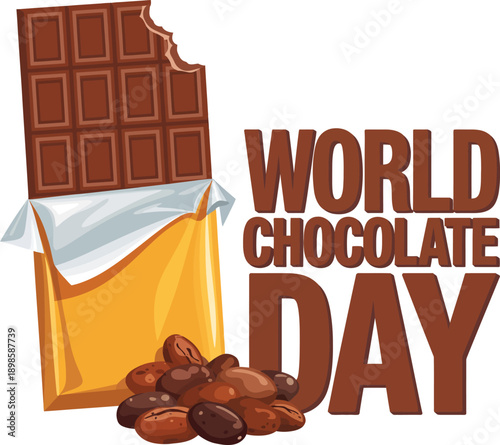 World Chocolate Day celebration with chocolate bar and cocoa beans on transparent background .