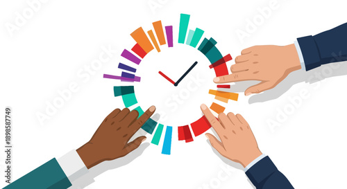 Teamwork Time Management Vector Illustration: Diverse Business Hands Dividing Tasks on a Colorful Clock Timeline