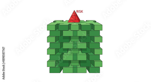 Illustration of Systemic Risk Management: Red danger pyramid labeled 'RISK' on a secure foundation of green business building blocks.