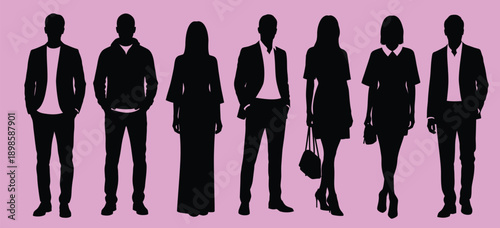 Diverse group of stylishly dressed men and women standing in silhouette