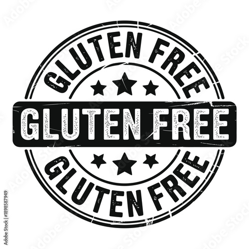 A circular gluten free label with text and stars black and white design