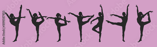 Silhouettes of ballet dancers performing graceful poses in unison