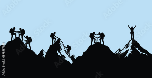 Silhouetted hikers celebrate reaching mountain summits in a series of triumphant moments