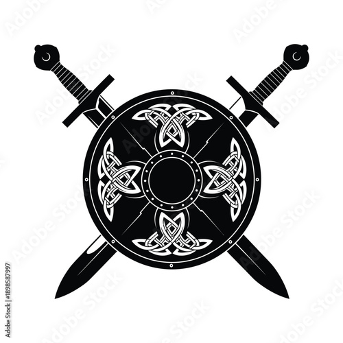 Black and White Celtic Warrior Shield and Crossed Swords Vector Icon