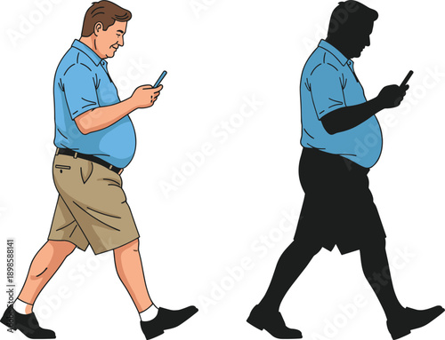 Overweight man walking while using smartphone illustration, modern lifestyle concept showing mobile phone addiction, technology habits, daily activity vector