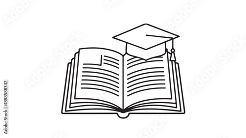Open book with graduation cap vector icon, black outline education symbol, learning and knowledge concept for UI, app, website isolated PNG with Transparent Background