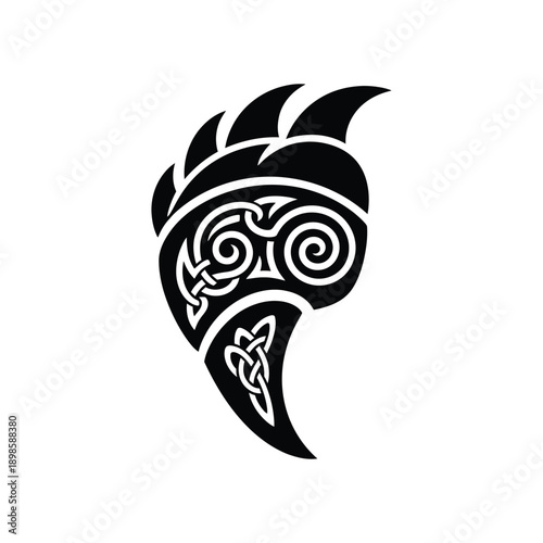 Foto Black Stylized Bear Claw with Intricate Celtic Knot and Spiral Art