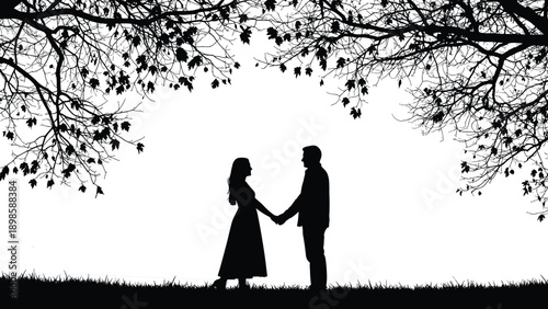 Romantic couple holding hands under tree branches silhouette, love relationship scene, black and white vector illustration isolated on white background