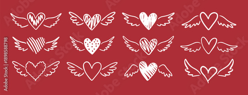 Heart with angel wings doodle hand drawn icon set. Outline drawing line clipart symbol collection