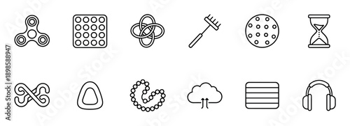 Collection of thin line black icons representing technology, relaxation, and time, including headphones, a cloud symbol, an hourglass, and a fidget toy in a simple outline design