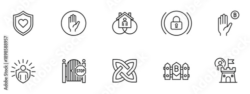 Set of black line icons representing security, protection, and safety concepts like a shield, lock, fortress, and barrier for user interface design and web applications