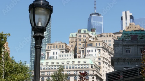 New York City Manhattan Downtown Financial District, United States of America. World Trade Center skyscraper, tower building in FiDi. Modern business center. Broadway street architecture. Battery park