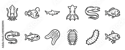 Collection of twelve deep sea creatures hand-drawn in a simple black and white doodle style, featuring an anglerfish, squid, shark, eel, isopod, and other marine animals